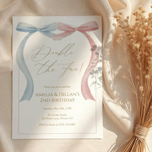 Load image into Gallery viewer, Double the Fun Pink blue bow Twins Invitation, Sibling birthday, editable template, digital download 0324
