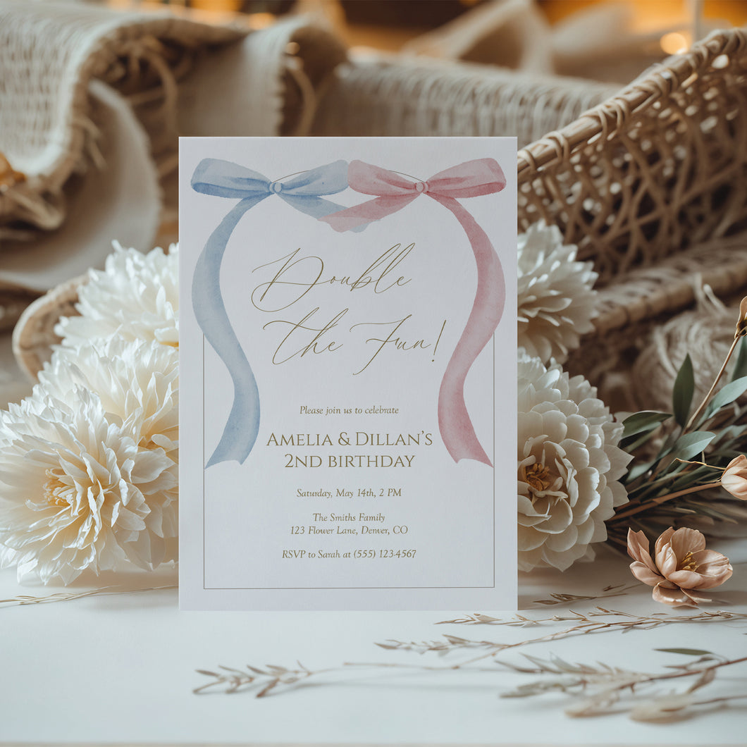 Double the Fun Pink blue bow Twins Invitation, Sibling birthday, editable template, digital download 0324