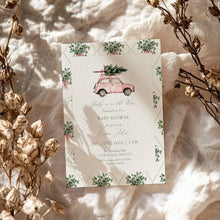 Load image into Gallery viewer, 2024 Pink Car Baby Shower Invitation, Winter Christmas Tree Baby Shower Invite, Baby is on the Way Editable Holiday Template
