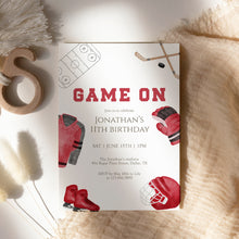 Load image into Gallery viewer, Red Game On Hockey Birthday Sports Party Invite, Editable Invitation for Boys 0335
