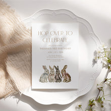 Load image into Gallery viewer, 0328 Hop over to celebrate bunny Easter Spring 3rd birthday invitation, editable template, digital download
