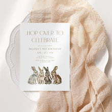 Load image into Gallery viewer, 0328 Hop over to celebrate bunny Easter Spring 3rd birthday invitation, editable template, digital download
