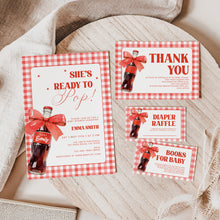 Load image into Gallery viewer, She Is Ready to Pop Baby Shower Invite Red Gingham Bow Mini Set Template 2039
