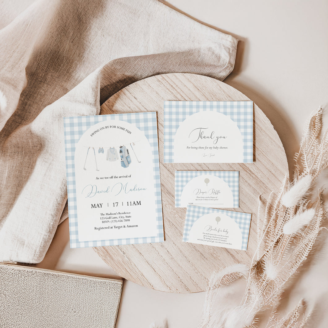 Editable Blue Golf Baby Shower Invitation Mini Set