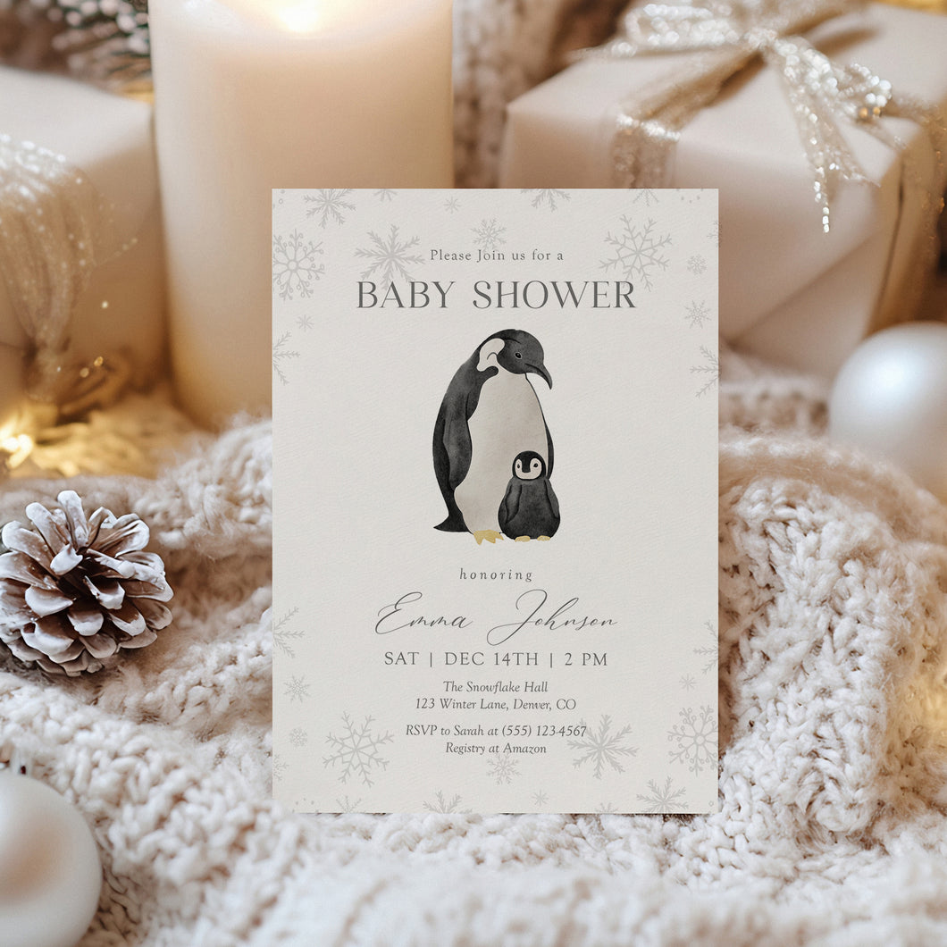 2029 Winter Penguin Baby Shower Invitation: Christmas Holiday Theme (Digital Download)