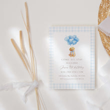 Load image into Gallery viewer, 0328 blue gingham golden retriever with balloons birthday invitation, editable template, digital download
