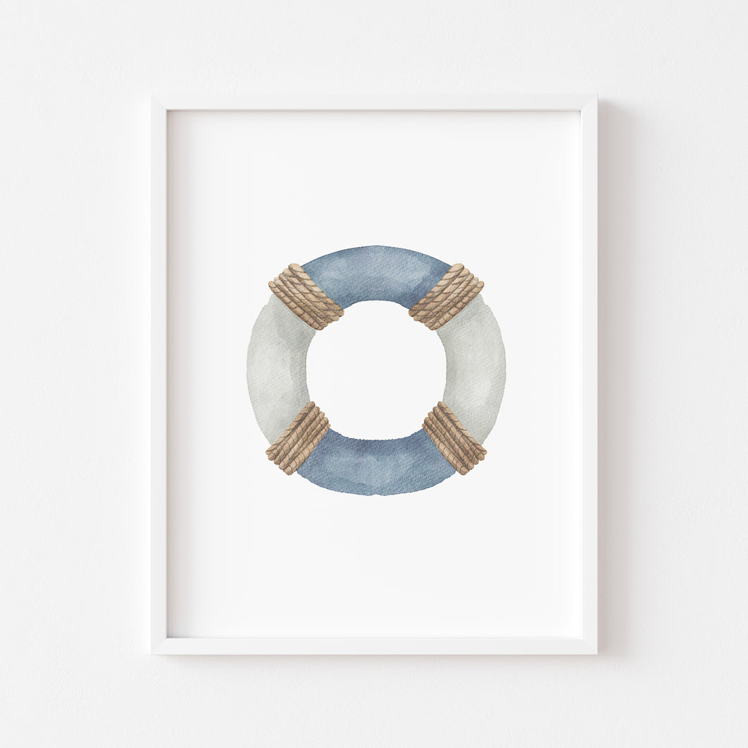 Coastal watercolor blue life preserver art print 07-119