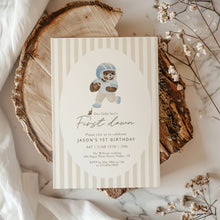 Load image into Gallery viewer, Light Blue Teddy Bear 1st Year down Football Birthday Invitation, Digital Download 0325

