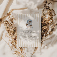 Load image into Gallery viewer, Light Blue Teddy Bear 1st Year down Football Birthday Invitation, Digital Download 0325
