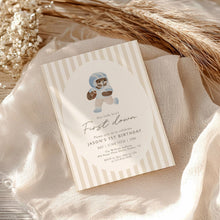 Load image into Gallery viewer, Light Blue Teddy Bear 1st Year down Football Birthday Invitation, Digital Download 0325
