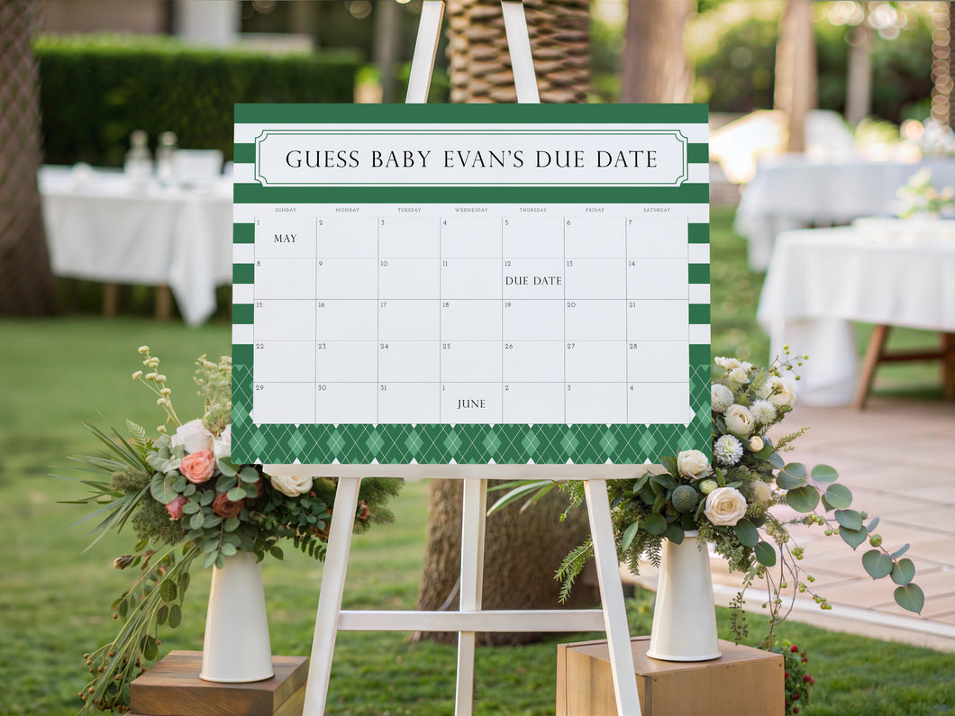 Editable green golf caddie baby shower baby arrival due date sign template 0209