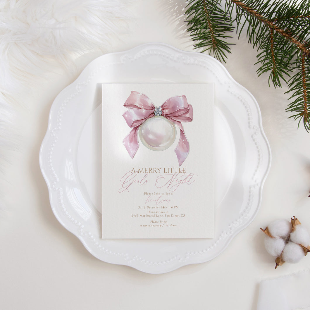 2033 A Merry Little Girls' Night Pink Ornament Christmas Party Invite, Digital Download, Editable Template