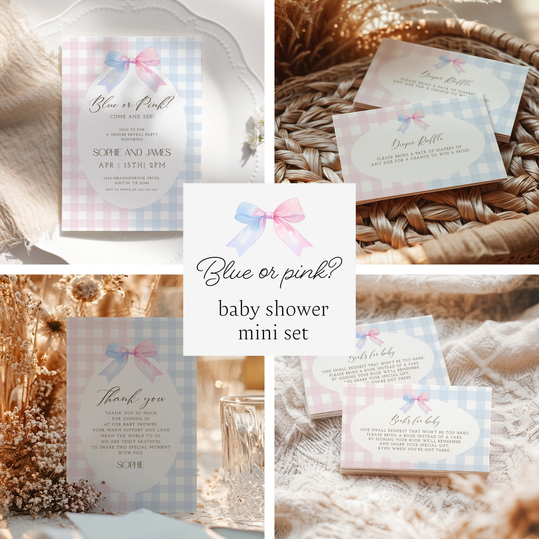 Blue or pink gender reveal baby shower invitation template mini set 2014