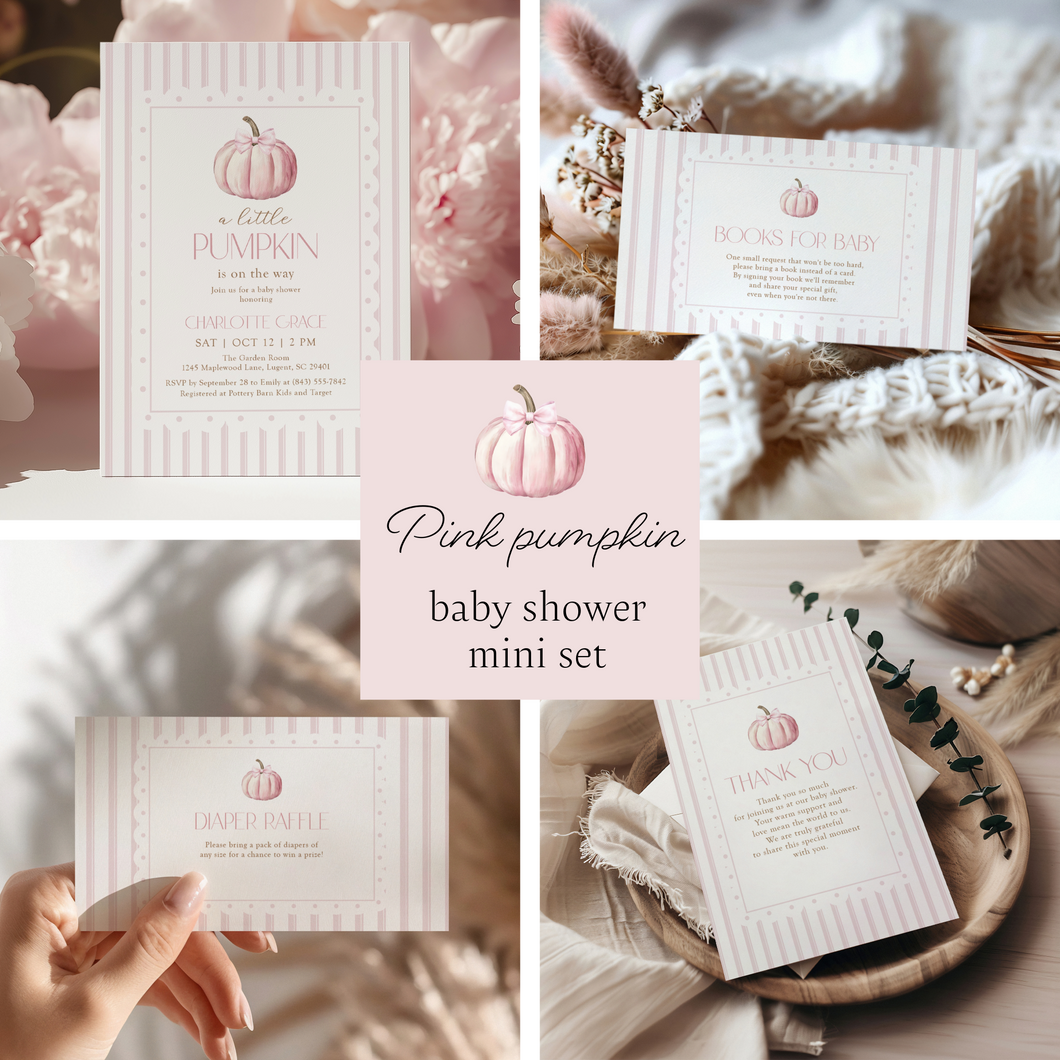 2019 pink pumpkin baby shower party invitation mini set