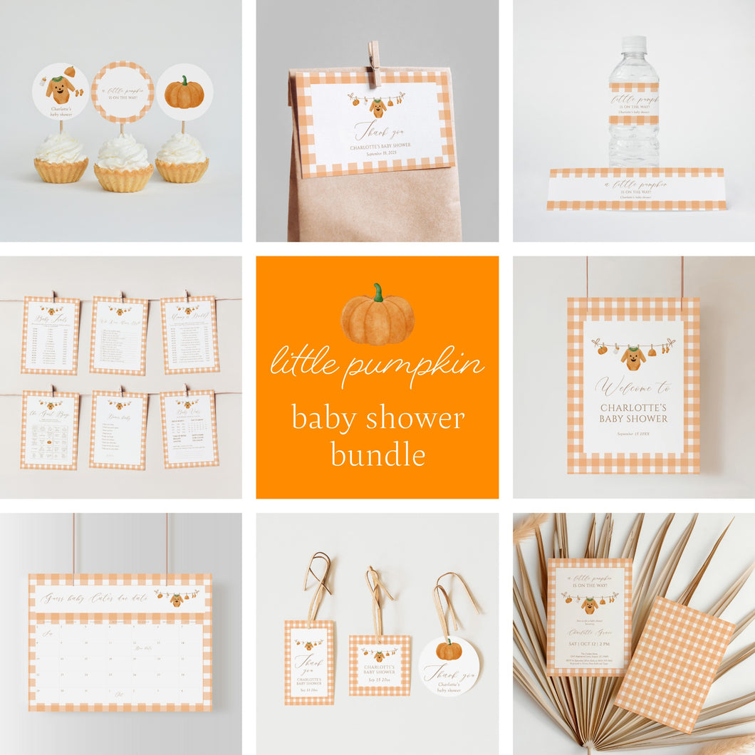 0208 little pumpkin is on the way fall Halloween baby shower invitation party bundle