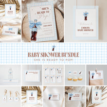 Load image into Gallery viewer, She Is Ready to Pop Baby Shower Bundle Blue Gingham Coquette Bow Template 2039
