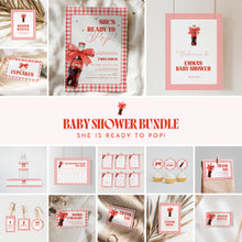 Load image into Gallery viewer, Red She Is Ready to Pop Baby Shower Bundle Gingham Coquette Bow Template 2039
