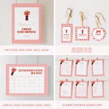Load image into Gallery viewer, Red She Is Ready to Pop Baby Shower Bundle Gingham Coquette Bow Template 2039
