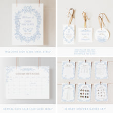 Load image into Gallery viewer, Blue Toile Baby Shower Party Template Bundle Coquette Bow Floral Set 2040
