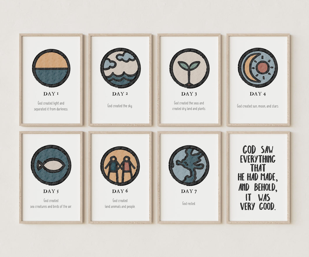 Set of 8 boho Christian kids creation art prints 07-216