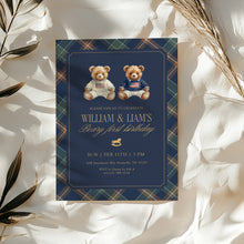 Load image into Gallery viewer, 0327 Navy Plaid Beary First Joint Birthday Invite Template | Tartan Twins Party | Digital Download
