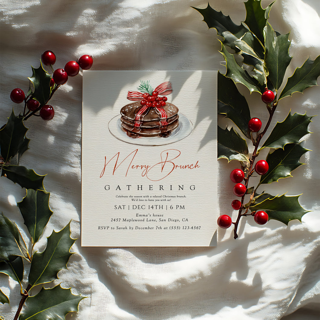 2033 Christmas Merry Brunch Editable Invite, Digital Download Pancake Party Template