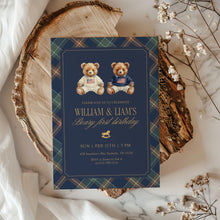 Load image into Gallery viewer, 0327 Navy Plaid Beary First Joint Birthday Invite Template | Tartan Twins Party | Digital Download
