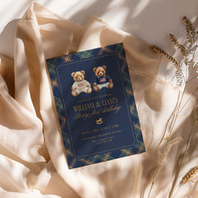 Load image into Gallery viewer, 0327 Navy Plaid Beary First Joint Birthday Invite Template | Tartan Twins Party | Digital Download
