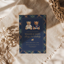 Load image into Gallery viewer, 0327 Navy Plaid Beary First Joint Birthday Invite Template | Tartan Twins Party | Digital Download
