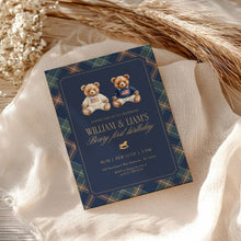 Load image into Gallery viewer, 0327 Navy Plaid Beary First Joint Birthday Invite Template | Tartan Twins Party | Digital Download
