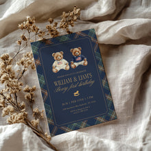 Load image into Gallery viewer, 0327 Navy Plaid Beary First Joint Birthday Invite Template | Tartan Twins Party | Digital Download
