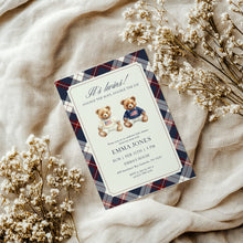 Load image into Gallery viewer, 2036 Teddy Bear Vintage Plaid Twin brothers Bearly Wait Baby Shower Invite, Digital Download
