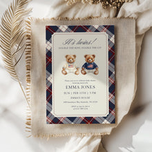 Load image into Gallery viewer, 2036 Teddy Bear Vintage Plaid Twin brothers Bearly Wait Baby Shower Invite, Digital Download
