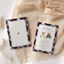 Load image into Gallery viewer, 2036 Teddy Bear Vintage Plaid Twin brothers Bearly Wait Baby Shower Invite, Digital Download
