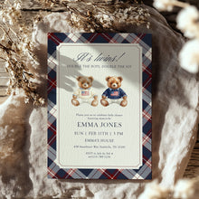 Load image into Gallery viewer, 2036 Teddy Bear Vintage Plaid Twin brothers Bearly Wait Baby Shower Invite, Digital Download
