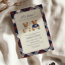 Load image into Gallery viewer, 2036 Teddy Bear Vintage Plaid Twin brothers Bearly Wait Baby Shower Invite, Digital Download
