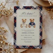 Load image into Gallery viewer, 2036 Teddy Bear Vintage Plaid Twin brothers Bearly Wait Baby Shower Invite, Digital Download
