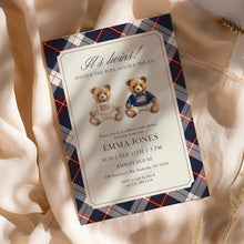 Load image into Gallery viewer, 2036 Teddy Bear Vintage Plaid Twin brothers Bearly Wait Baby Shower Invite, Digital Download
