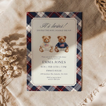 Load image into Gallery viewer, 2036 Teddy Bear Vintage Plaid Twin brothers Bearly Wait Baby Shower Invite, Digital Download
