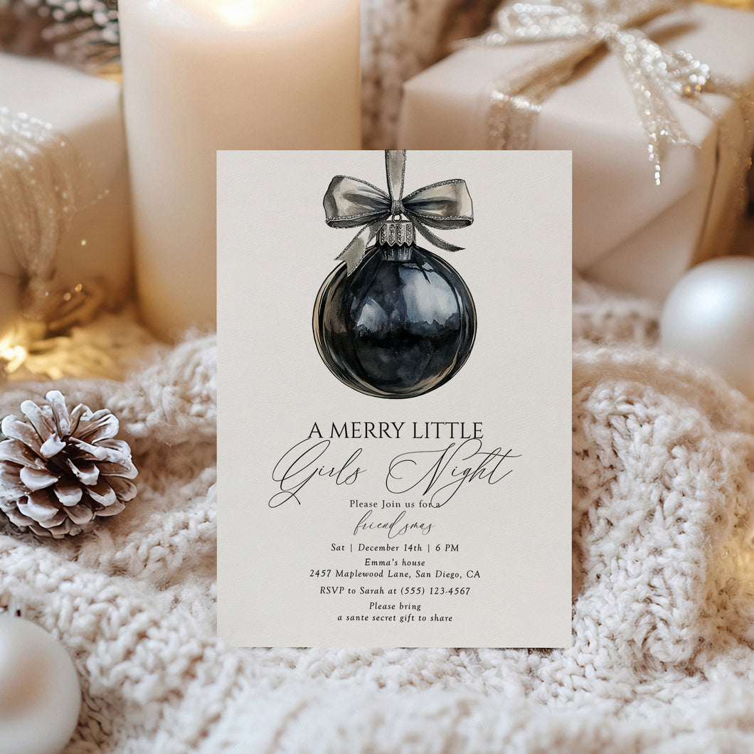 2033 Black A Merry Little Girls' Night Coquette Christmas Party Invite, Digital Download, Editable Template