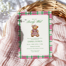 Load image into Gallery viewer, 2036 Pink Green Plaid Teddy Bear Bearly Wait Baby Shower Invite Template, Digital Download
