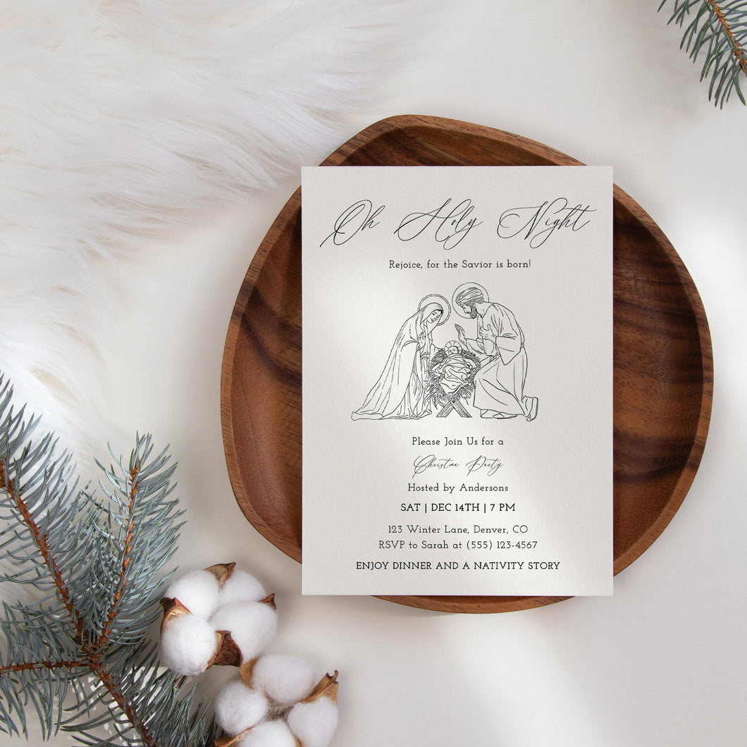 2033 Minimal Oh Holy Night Nativity Scene Christian Christmas Dinner Invite, Editable Template, Digital Download