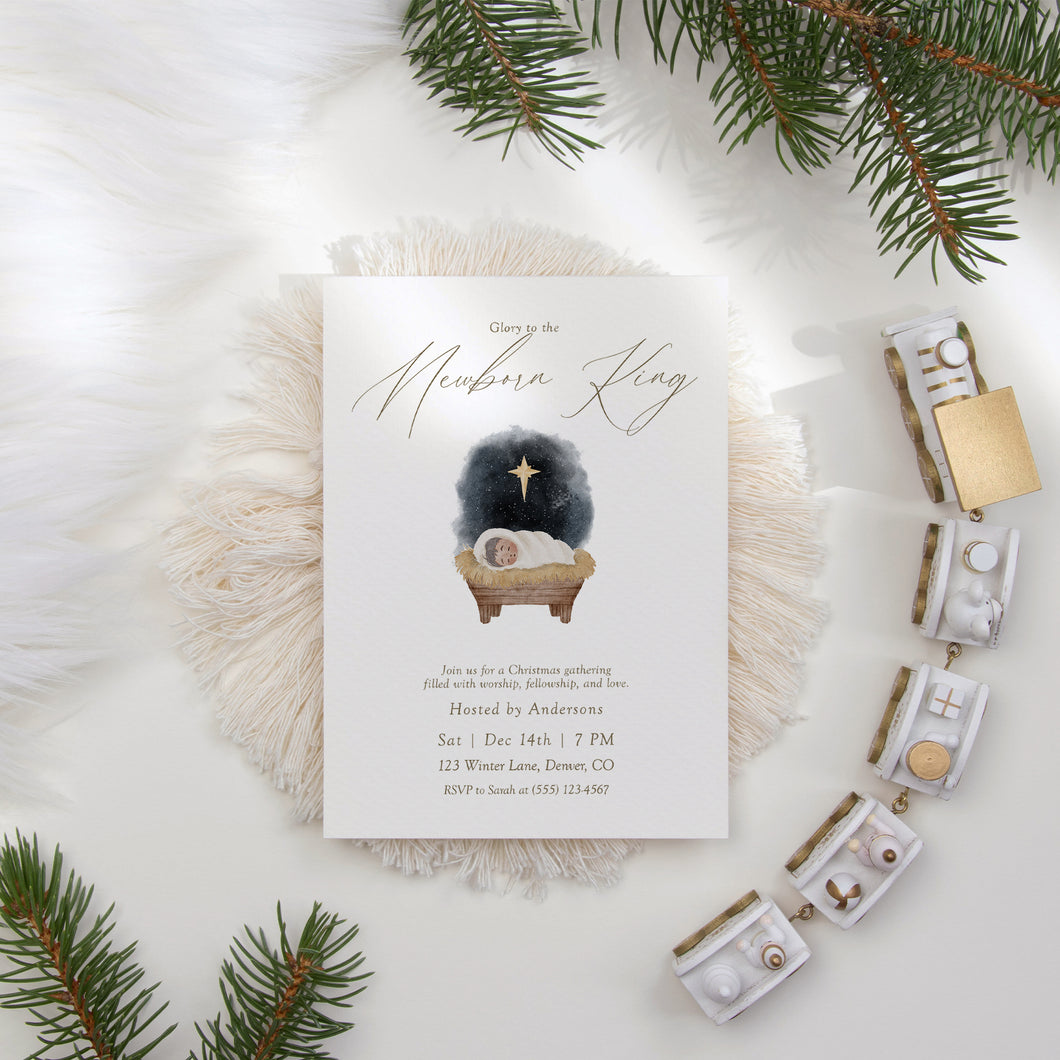 2033 Christmas Party Nativity Baby Jesus Glory to the Newborn King Invite, Digital Download