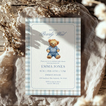 Load image into Gallery viewer, 2036 Blue Teddy Bear Boy Vintage Plaid Beary Wait Baby Shower Invite Template, Digital Download
