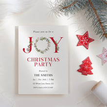 Load image into Gallery viewer, 2033 JOY Christmas Party Invite with Greenery &amp; Red Berries, Editable Template, Digital Download
