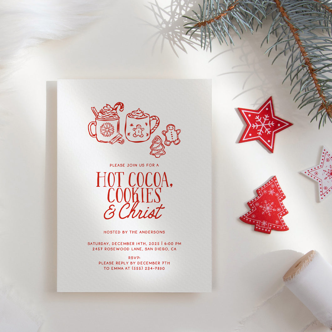 2033 Whimsical Hot Cocoa, Cookie, & Christ Christian Christmas Party Invite, Editable Digital Download