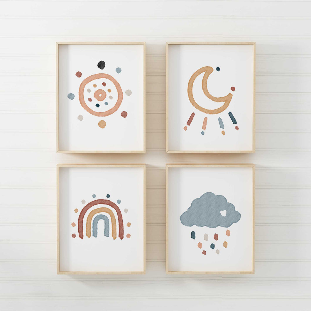 Watercolor boho nursery set of 4 art prints 07-170