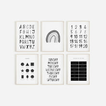 Load image into Gallery viewer, set of 6 black rainbow with alphabet watercolor art prints 07-4001
