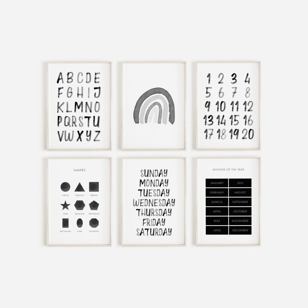 set of 6 black rainbow with alphabet watercolor art prints 07-4001
