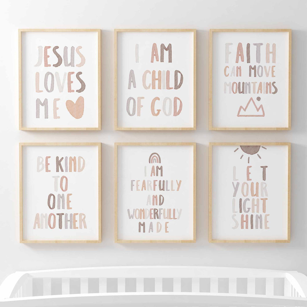 set of 6 neutral let your shine Christian kids bible verse art print 07-123